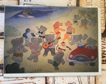 Tarjeta en blanco súper linda de Babar el Elefante: ¡Diseño de Babar, Celeste y sus amigos en la playa! Tarjeta para cualquier ocasión: divertida para enmarcar o enviar.
