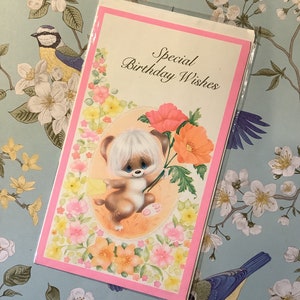 ZELDZAME Vintage Circa jaren 1980 'Special Birthday Wishes' Card Kitsch Big Blue Eyed Dog & Floral Design - Zoete groet - Nostalgische kaart om te schat