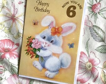 RARE Vintage Circa 1980s 'Happy Birthday Now You Are 6 Card ADORABLE Rabbit with Floral Bouquet Design - Nostalgic Card with a Sweet Verse