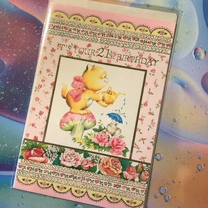 Cartão vintage raro por volta dos anos 1970 "É seu 21º aniversário" com design fofo e kitsch de gato, rato e flores - Cartão nostálgico - Verso doce - Um cartão para guardar