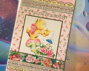 RARE Vintage Circa 1970s 'It's Your 21st Birthday' Card Cute, Kitsch Cat, Mouse & Floral Design -Nostalgic Card -Sweet Verse -A Card To Keep