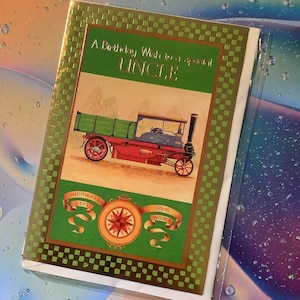 FABULOSO cartão Vintage/Retro Circa 1980s 'Um desejo de aniversário para um tio especial' com uma máquina a vapor Highways Dept Civil Works Vehicle Design