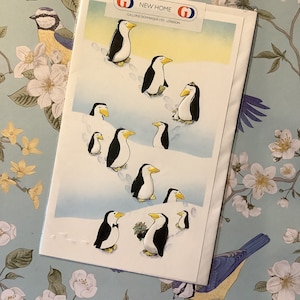 Favoloso biglietto vintage/retrò degli anni '80 "Nuova casa" con simpatico design a forma di pinguino grande e piccolo: un biglietto Gallerie Dominique, un biglietto dolce da custodire