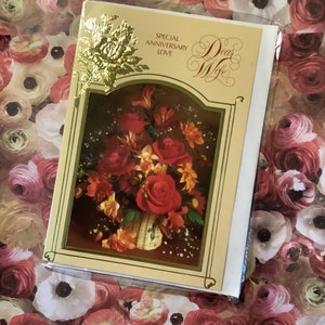 ZELDZAME PRACHTIGE originele Vintage/Retro Circa jaren 1970 'Special Anniversary Love Dear Wife' kaart met prachtig vers - mooie bloemenfotokaart