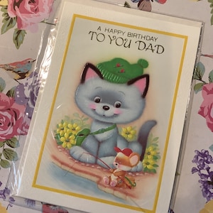 Cartão FABULOSO Vintage/Retro Circa 1970 'Um feliz aniversário para você, pai' - ADORÁVEL design de pesca de gato e rato - Kitsch - Cartão de amante de pesca