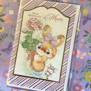 ZELDZAME vintage kaart 'Special Birthday Love Mum' uit de jaren 80 - schattig ontwerp konijn en muis - Kitsch/Vintage/Rabbit Loving Mum Card - lief vers