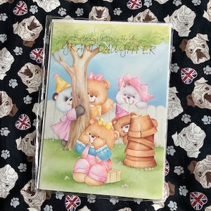 RARO biglietto d'auguri vintage "Nipote" di grandi dimensioni, circa anni '80 - ADORABILE design con animali che giocano - Dolce verso all'interno - Stile tradizionale