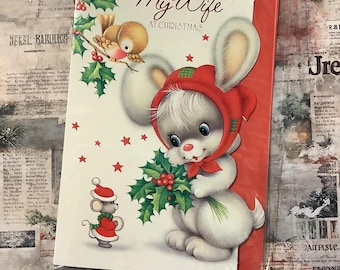 RARE Vintage Circa 1980s Wife Christmas Card - ADORABLE, Kitsch Rabbit, Robin and Santa Mouse Design  - Sweet Verse Inside - Rabbit Fan Wife