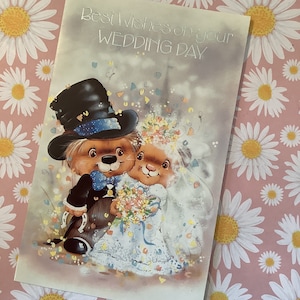 RARE vintage/rétro - carte « Meilleurs voeux le jour de votre mariage » vers les années 1970 - carte kitsch/rétro - conception mignonne de mariée et de marié d'ours - amoureux d'ours