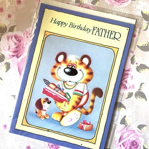 FABULOSO Cartão Vintage/Retro Circa 1970 'Feliz Aniversário Pai' - ADORÁVEL Tigre com uma Broca e Design de Cachorrinho Fofo - Cartão de Amante Kitsch/DIY
