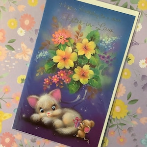 Cartão raro, vintage, sem uso, da década de 1970, "Feliz aniversário para uma querida cunhada" - Design fofo, kitsch e retrô de gato - Verso doce - Fã de nostalgia