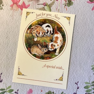 RARE carte d'anniversaire nièce vintage 1994 - chatons et compagnon de jeu design par Pam Cooper - intérieur décoré et enveloppe décorée - carte nostalgique