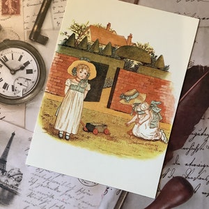 Superbe carte de voeux vierge « Kate Greenaway » vintage de 1997 avec une jolie illustration de style livre pour enfants de petites filles - carte à encadrer