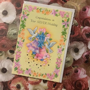 ZELDZAME vintage/retro, circa jaren 1980 ongebruikte 'Congratulations on Your Silver Wedding'-kaart - mooie klokken, duiven en bloemdessin - sentimenteel vers