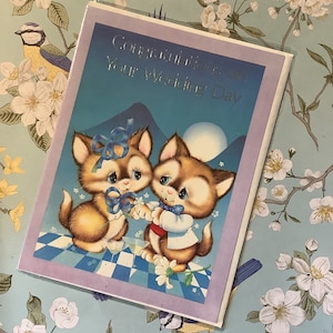 RARE carte vintage/rétro des années 1970 « Félicitations pour votre mariage » - kitsch, couple de chats mignons et joli design floral - carte pour les amoureux des chats