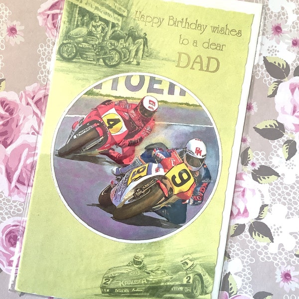 RARE Vintage/Retro Circa 1980s Motorcycle /Motorbike/MotoGP Themed 'Happy Birthday Wishes To A Dear Dad Card -Motorbike Loving Dad - Retro