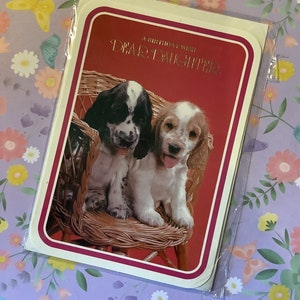 RARE Vintage Circa 1960s 'A Birthday Wish Dear Daughter' Cute Spaniel Puppies Photo Card - Tarjeta nostálgica - Perro/Cachorro/Retro Hija amorosa