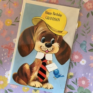 Cartão RARE True Vintage/Retro Circa 1960 'Feliz Aniversário Neto' - Design de cachorro super fofo - Verso doce - Cartão de neto amoroso vintage/cachorro