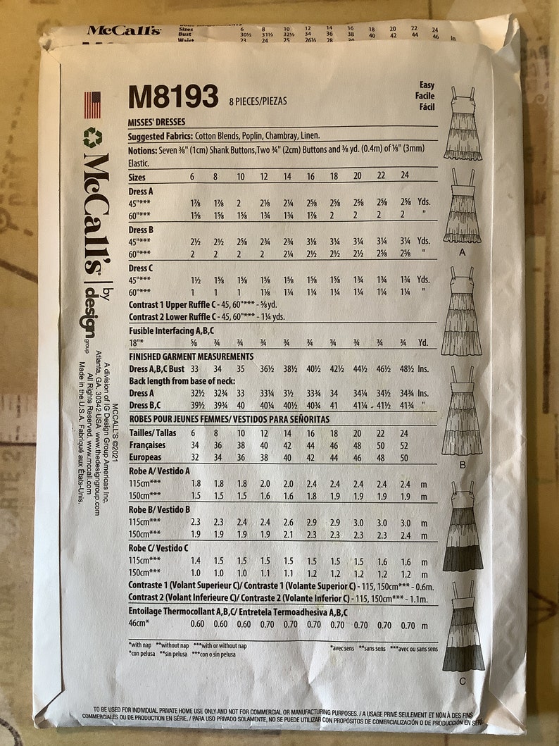 May include: A sewing pattern for women's dresses, with instructions and measurements in inches. The pattern includes three different styles of dresses, each with a different number of layers. The pattern is for sizes 6 to 24.