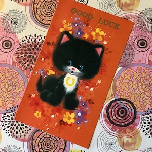 RARE carte porte-bonheur vintage des années 1970, super mignon chat noir rétro, fer à cheval et design floral génial ! Kitsch - Rétro - Nostalgie - Doux couplet
