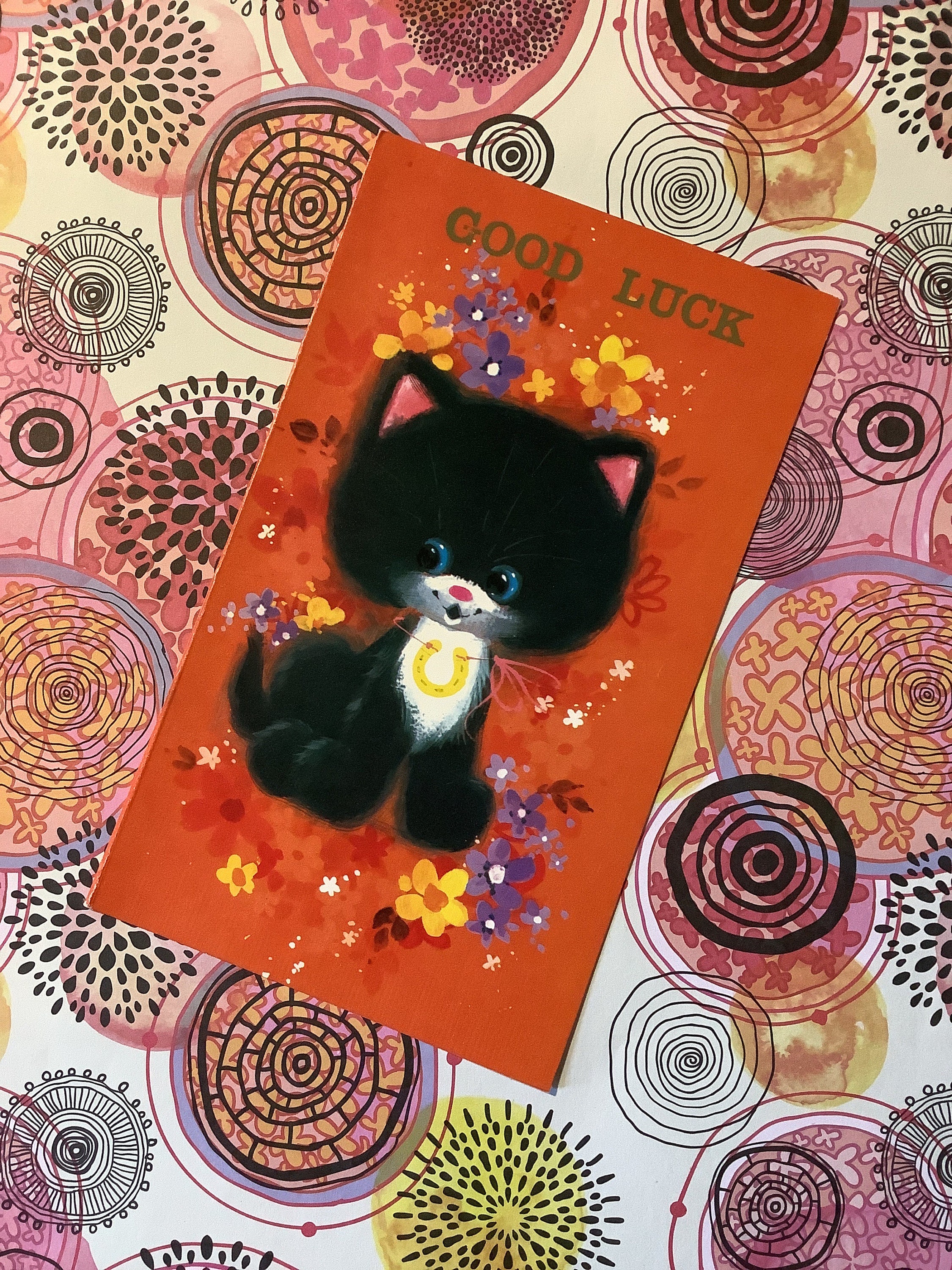 RARE Vintage Circa 1970s Good Luck Card Super Cute Retro Black Cat ...
