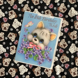 RARO Grande Verdadeiro Vintage/Retro Circa 1970s 'Um Desejo de 18º Aniversário' Cartão - Kitsch Big Blue Eyed Cat & Floral Design - Sweet Verse - Cat Lover