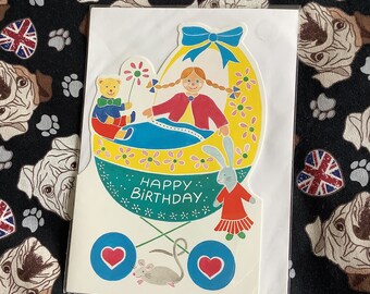 RARE Vintage 1989 'Happy Birthday' Card with Cute 'Nursery Friends' Design by Carolyn Chambers Way - Cute Traditional Pram and Toys Design