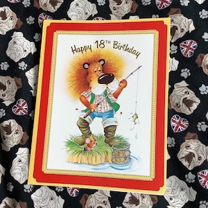 RARE Large Vintage/Retro Circa 1970s &#39;Happy 18th Birthday&#39; Card - Kitsch &#39;Fishing&#39; Lion and Mouse Design - Nostalgia and Fishing Lover Card