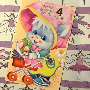 RARE Vintage/Retro Circa 1970s 'Special Birthday Wishes 4 Today' Cartão ADORÁVEL Coelho com design de carrinho de bebê - Verso doce - Cartão para tesouro