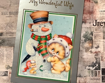 RARE Vintage Circa 1980s Wonderful Wife Christmas Card - ADORABLE, Kitsch Cat, Snowman and Mouse Design by Lynn S - Sweet Verse - Cat Lover