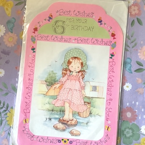 RARO biglietto d'auguri vintage/retrò anni '80 circa "Per il tuo sesto compleanno" - ADORABILE stile "Holly Hobbie" con ragazza in un fiume - Dolce verso - Nostalgia