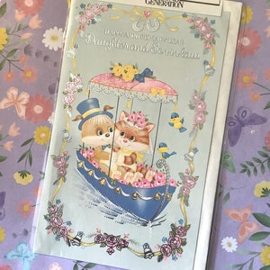 RARO Vintage Circa 1970 'Feliz Aniversário, Querida Filha e Genro' - Design Retro de Gato e Cachorro - Doce Verso Sentimental - Cartão Kitsch
