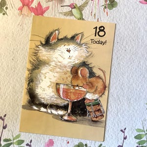 Raro biglietto d'auguri vintage anni '90 "18 oggi!" - ADORABILE Gatto e Topo che bevono champagne, design di Margaret Sherry - Decorato all'interno - Amante dei gatti
