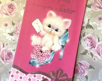 RARE Circa 1980s Vintage Unused &#39;Birthday Greetings To A Very Dear Sister&#39; -Super Cute/Retro Card With Cat Sat In a High-Heeled Shoe Design