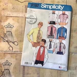 May include: A vintage Simplicity sewing pattern packet featuring illustrations of men's shirts and ties. The packet is labeled "9192 Simplicity" and includes the text "Authentic Original Pattern." The background is a patterned paper.