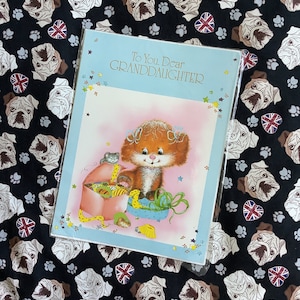 Grande cartão de aniversário vintage/retro verdadeiro, por volta dos anos 1970, "Para você, querida neta" - Cartão retrô/que ama cachorros, neta, com versos doces