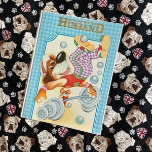 Cartão RARO grande vintage/retro por volta dos anos 1970 'Aniversário amoroso deseja marido' - Design de 'levantamento de peso' de cachorro fofo - Cartão nostálgico - Verso doce