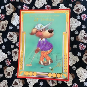 RARA cartolina d'epoca degli anni '70 circa "21° compleanno" - Divertente, retrò, disegno di un cane che gioca a golf e una chiave dorata - Versetto dolce all'interno - Ventaglio da golf - Piega d'angolo