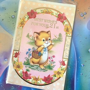 Cartão vintage raro por volta de 1970 "Melhores votos para seu 21º aniversário" Gato fofo e lindo design floral - Nostálgico - Verso doce - Um cartão para guardar