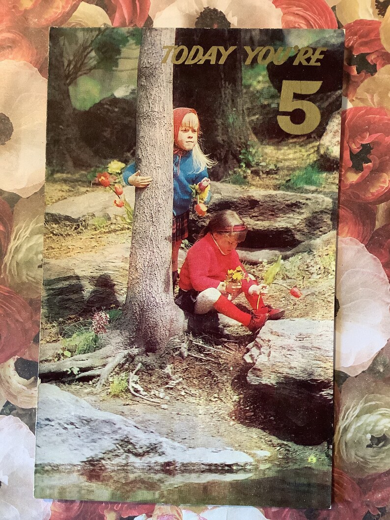 EXTREMELY RARE Vintage Circa 1970s 'Today You're 5' Retro Photo Card featuring 2 Little Girls playing in a Forest/Wood Childhood Nostalgia image 2