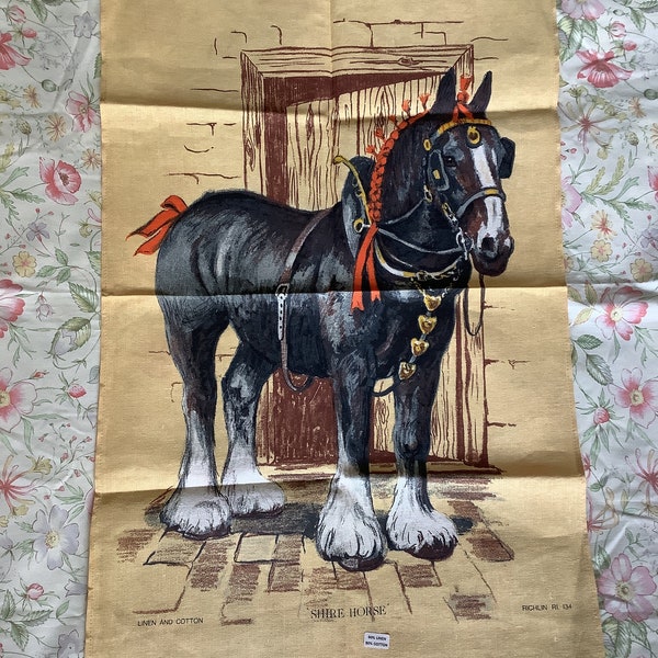 RARE Vintage Unused  'Shire Horse' - 50% Linen 50 Cotton Tea Towel - By Richlin - Wall Hanging - Shire Horse Lover Gift - Collectable Linen