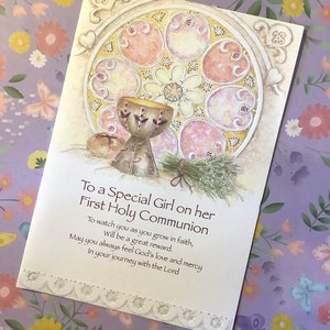 Biglietto vintage degli anni '90 circa "To A Special Girl on her First Holy Communion" con un bellissimo design e una poesia dolce: un biglietto da custodire