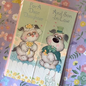 Cartão de aniversário raro, vintage/retro, da década de 1970, "Para uma querida filha e genro", com design fofo de cachorro, cartão vintage/retro/para um casal apaixonado por cachorros