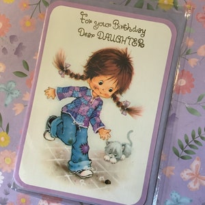 RARO biglietto retrò/vintage circa anni ’70 “Per il tuo compleanno, cara figlia”, design kitsch super carino per bambina e gatto, amante del vintage/retrò