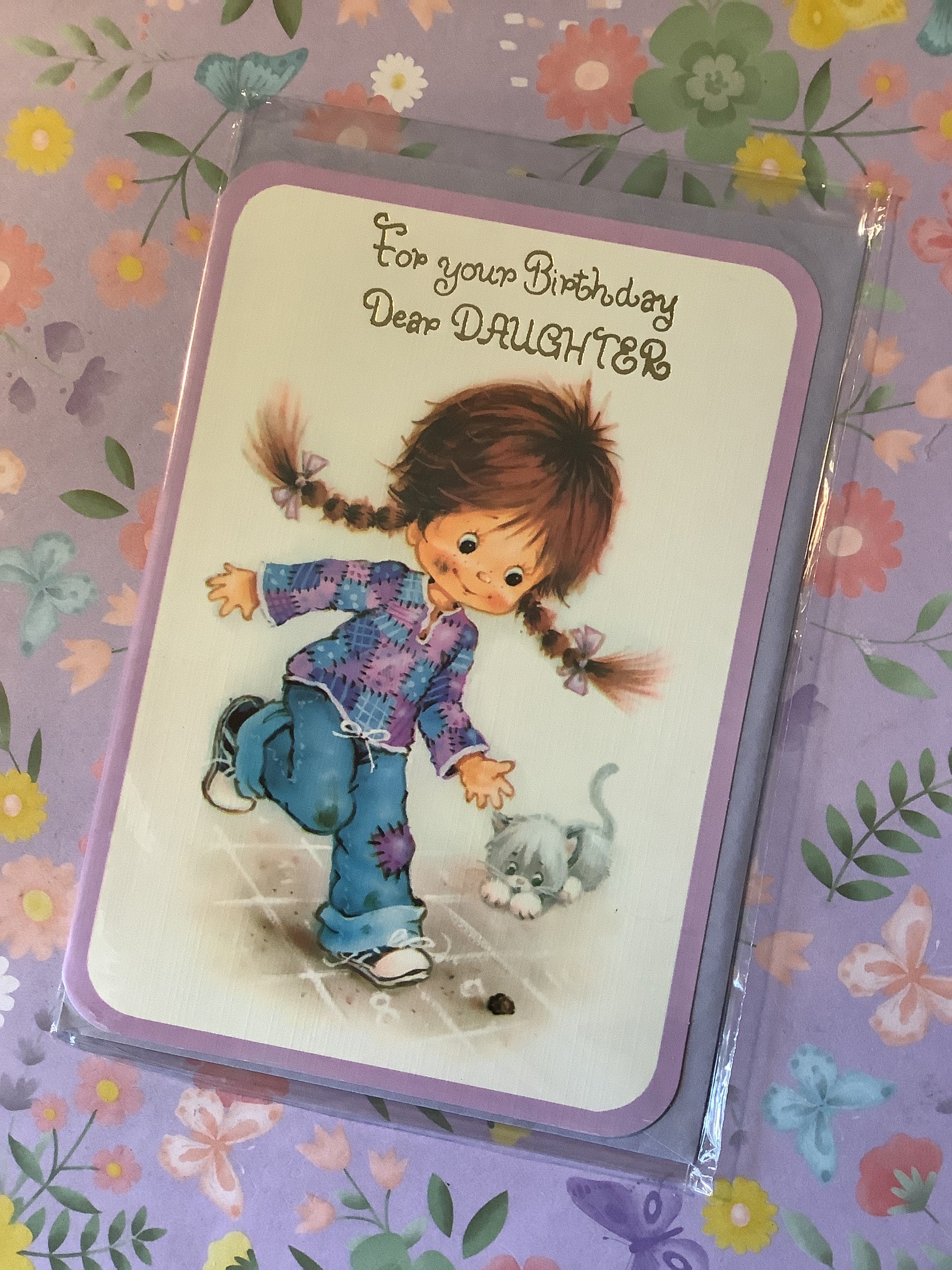 Vintage 1970s Birthday Card for Daughter – Kitsch Girl and Cat Design ...