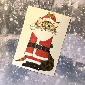 EXTRÊMEMENT RARE Rétro/vintage Circa années 1970 Carte de Noël vierge ADORABLE 'Santa Cat' Design par Anthony Browne - Carte à encadrer - Carte amoureux des chats