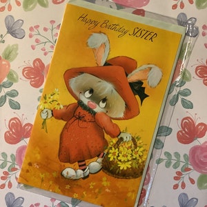 Cartão raro, vintage/retro, da década de 1960, "Feliz Aniversário, Irmã" - Design fofo de coelho retrô - Verso doce - Cartão retrô/de irmã que ama coelhos