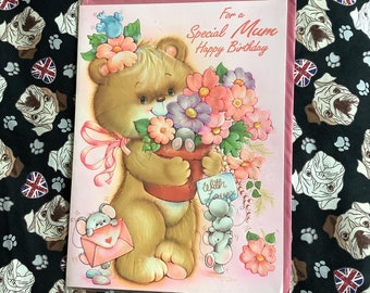 RARE Large Vintage Circa 1980s 'For a Special Mum Happy Birthday' Card Cute Bear, Mice, Bluebirds & Flowerpot Design with touch of sparkle