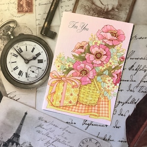 SELTENE Vintage Circa 1960er Jahre 'Für Sie' Miniaturkarten/Geschenkanhänger - hübsches Geschenk & Blumenkorb-Design - Karte zum behalten - nostalgische Geschenkanhänger/Karte