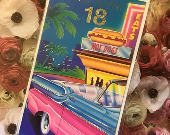 RARE Vintage Circa 1980s 'Now You're 18' Birthday Card with FABULOUS Retro American Car and Hot Dog Outlet Design -Fun, Retro Nostalgic Card